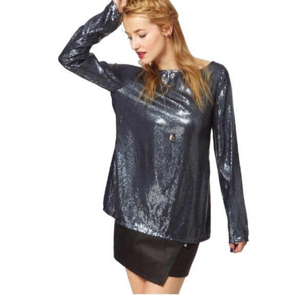 NWT STYLESTALKER Blue Brillitte sequin blouse, 6, Long Sleeve, mesh back - Picture 4 of 8